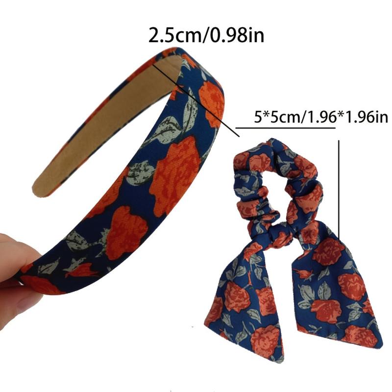 Retro Flower Print Headband Set Hair Accessories For Women Girls