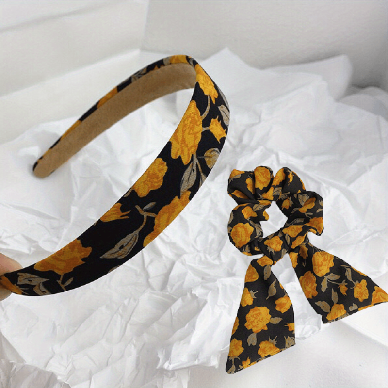 Retro Flower Print Headband Set Hair Accessories For Women Girls