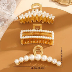 3pcs Large Faux Pearl Hair Claw Metal Ponytail Holder Hair Accessories