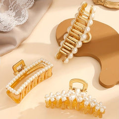 3pcs Large Faux Pearl Hair Claw Metal Ponytail Holder Hair Accessories