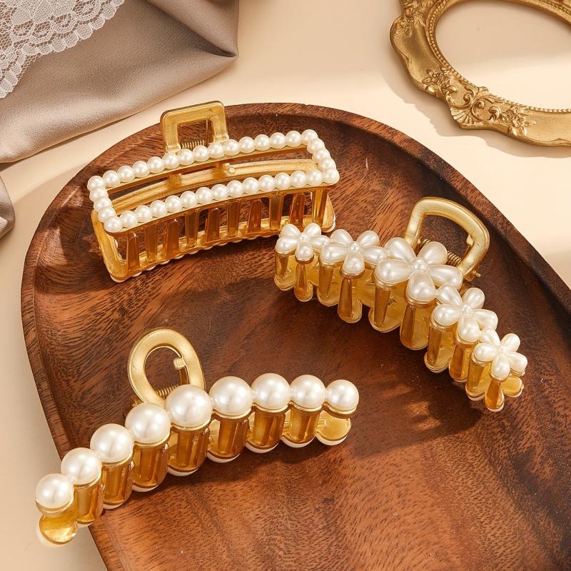 3pcs Large Faux Pearl Hair Claw Metal Ponytail Holder Hair Accessories