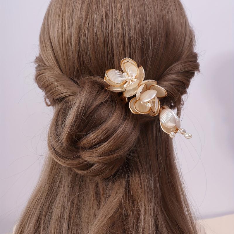 Sweet Faux Pearl Hair Pin Metal Hair Fork for Ponytail Bun Girls Party Wedding