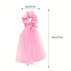 Mesh Streamer Pearl Tassel Large Scrunchie Ponytail Hair Rope