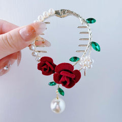 Rose Flower Hair Claw Banana Clip with Faux Pearl Pendant