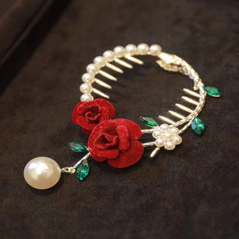Rose Flower Hair Claw Banana Clip with Faux Pearl Pendant