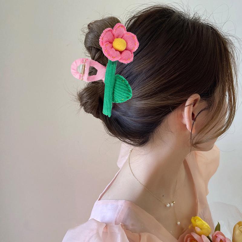 Puffy Knitted Flower Hair Claw Style Hair Claw Nonslip Ponytail Holder