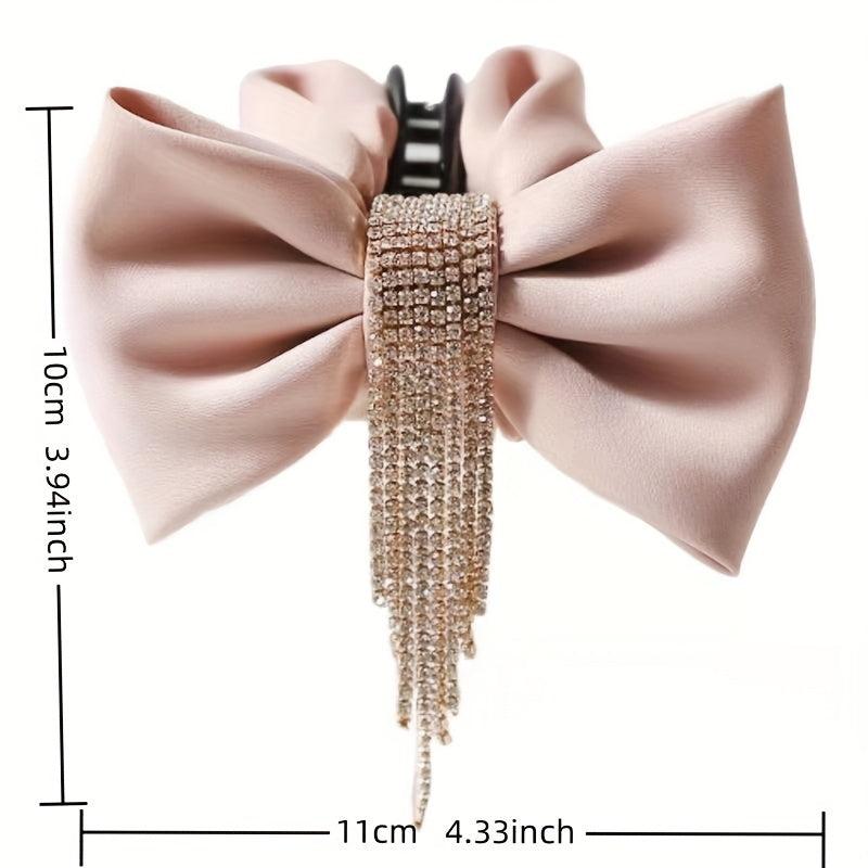Small Bow Hair Claw With Rhinestone Tassel Nonslip Ponytail Holder