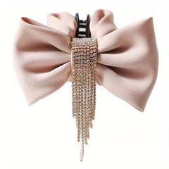 Small Bow Hair Claw With Rhinestone Tassel Nonslip Ponytail Holder