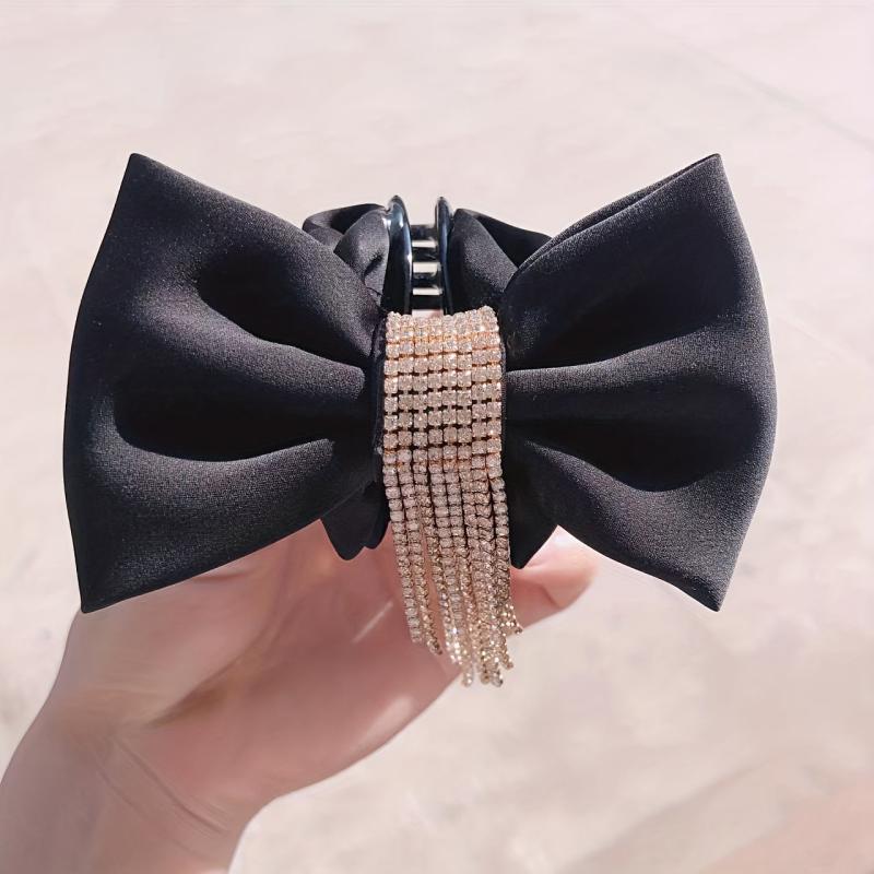 Small Bow Hair Claw With Rhinestone Tassel Nonslip Ponytail Holder