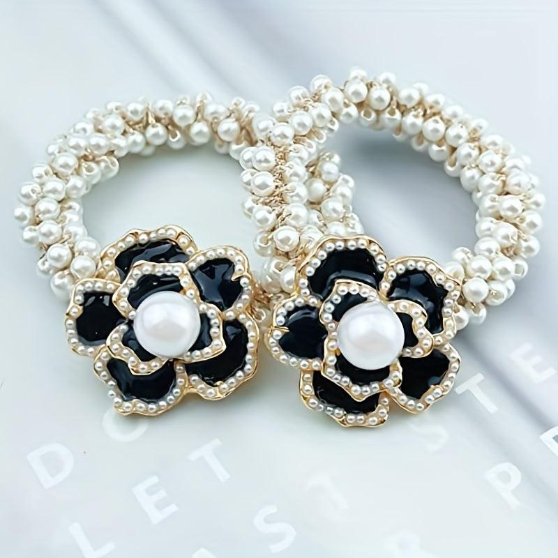 Camellia Flower Hair Rope with Faux Pearl Beads