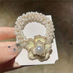 Camellia Flower Hair Rope with Faux Pearl Beads