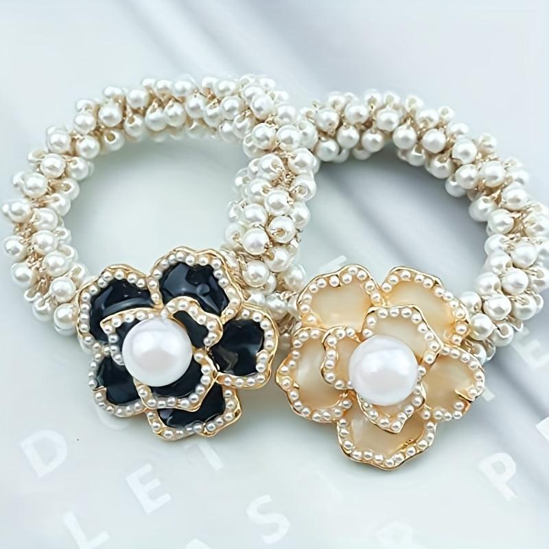 Camellia Flower Hair Rope with Faux Pearl Beads