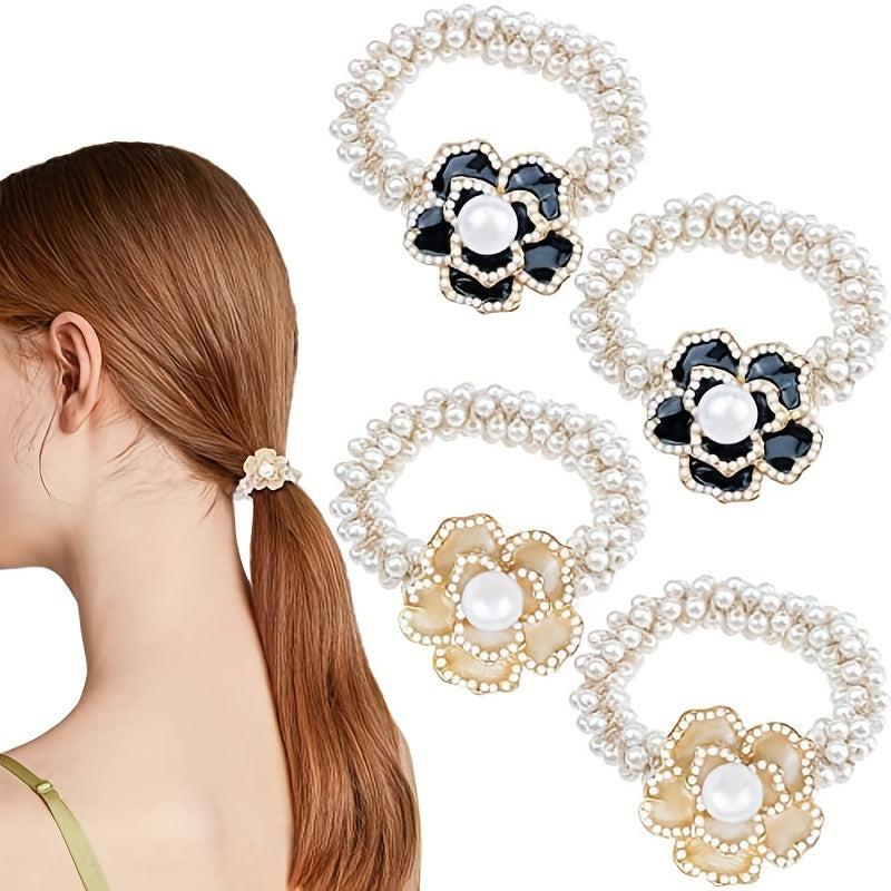 Camellia Flower Hair Rope with Faux Pearl Beads