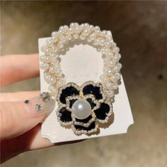 Camellia Flower Hair Rope with Faux Pearl Beads
