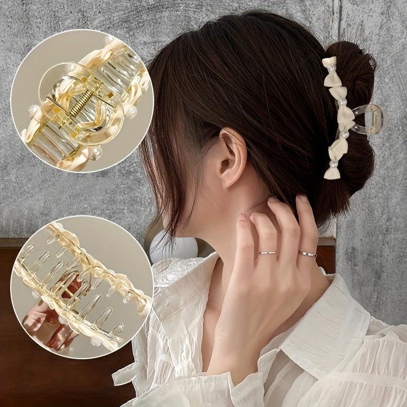 Sweet Bow Faux Pearl Hair Claw for Women Girls