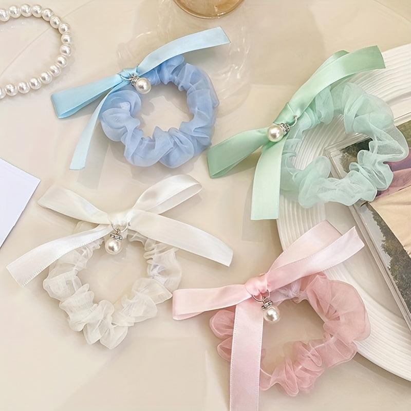 Y2K Faux Pearl Bowknot Yarn Sweet Large Scrunchie Hair Tie