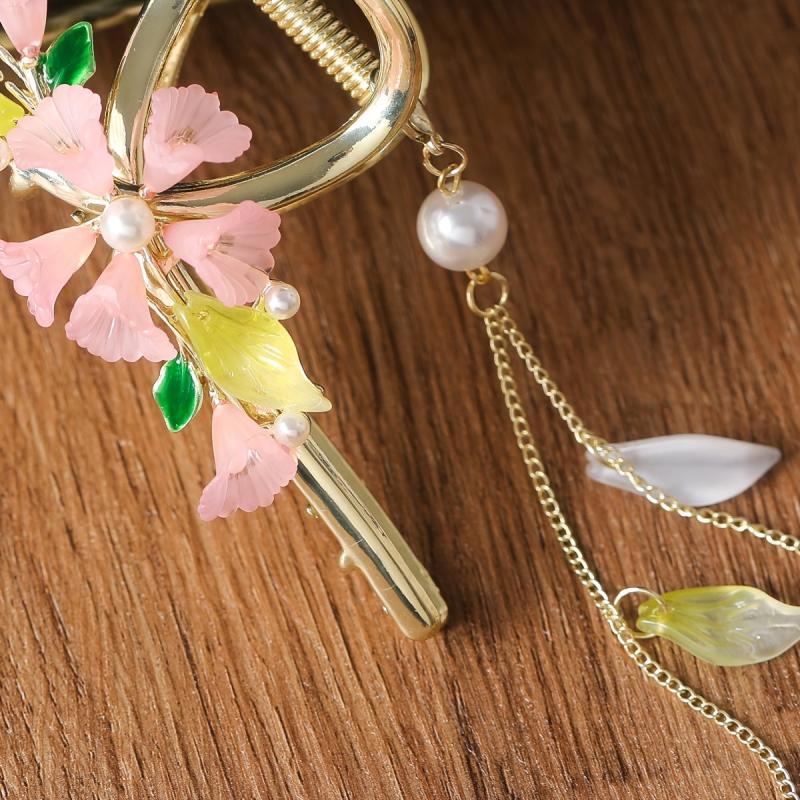 Pink Lily Of The Valley Tassel Hair Clip Retro Colorful Flowers Leaves Pearl