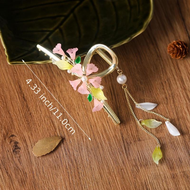 Pink Lily Of The Valley Tassel Hair Clip Retro Colorful Flowers Leaves Pearl