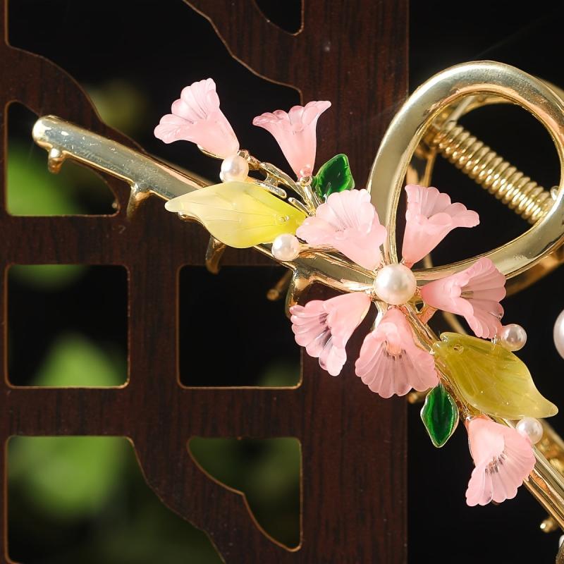 Pink Lily Of The Valley Tassel Hair Clip Retro Colorful Flowers Leaves Pearl