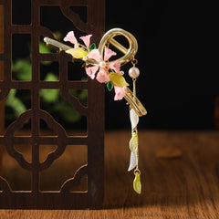 Pink Lily Of The Valley Tassel Hair Clip Retro Colorful Flowers Leaves Pearl