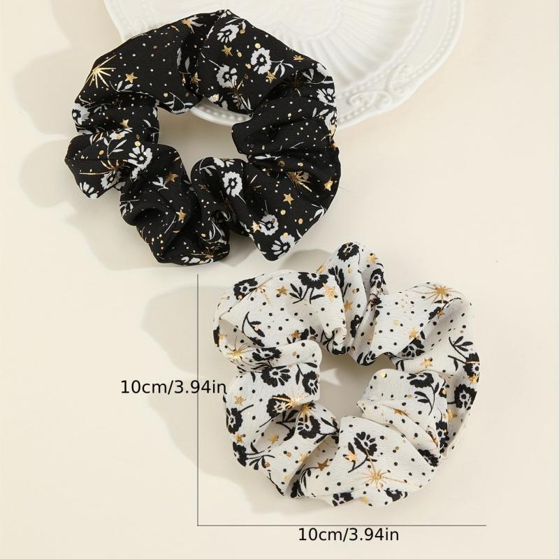 2pcs Boho Foral Print Scrunchies Hair Tie Glod Sparkle Hair Rope