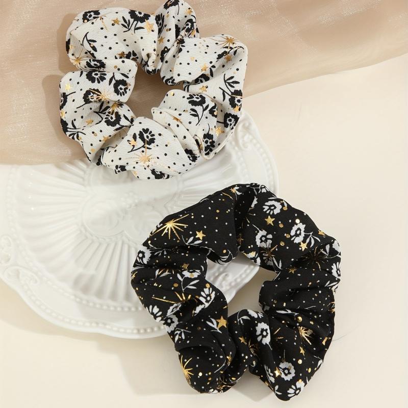 2pcs Boho Foral Print Scrunchies Hair Tie Glod Sparkle Hair Rope