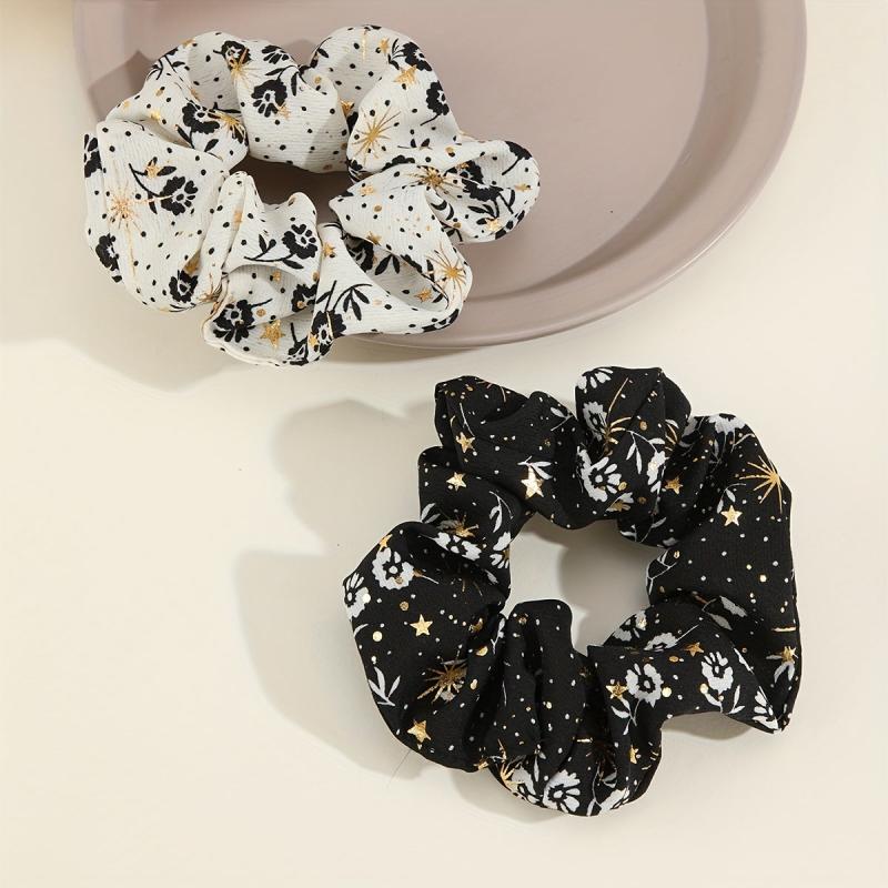 2pcs Boho Foral Print Scrunchies Hair Tie Glod Sparkle Hair Rope