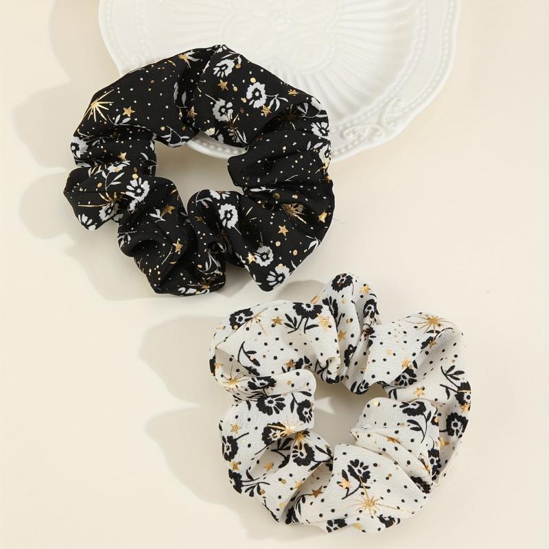 2pcs Boho Foral Print Scrunchies Hair Tie Glod Sparkle Hair Rope