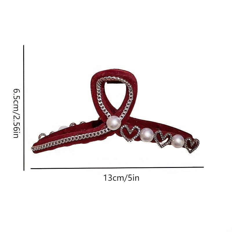 Heart Hair Claw Clip w/ Pearl Chain - Girls Ponytail Hol
