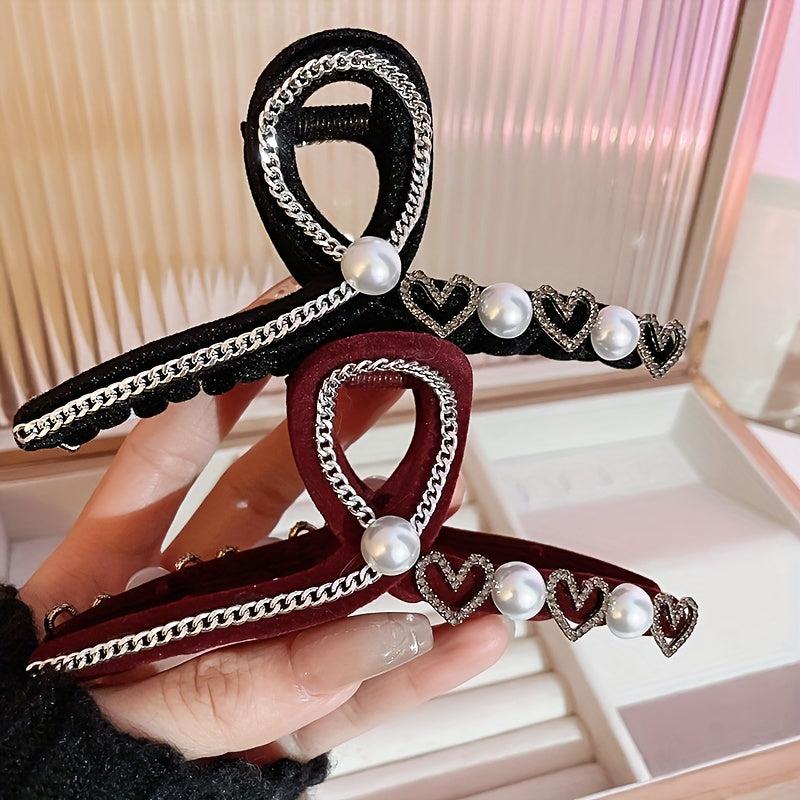 Heart Hair Claw Clip w/ Pearl Chain - Girls Ponytail Hol