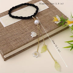 Chinese Hair Tie Bell Orchid Tassel Faux Pearl Petal Hair Rope