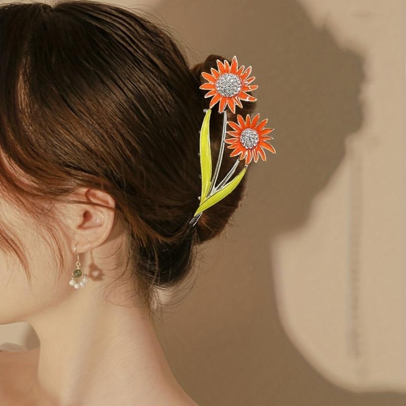 Sun Flower Rhinestone Hair Claw Back Head Clip Sense Shark Claw Flower Headwear