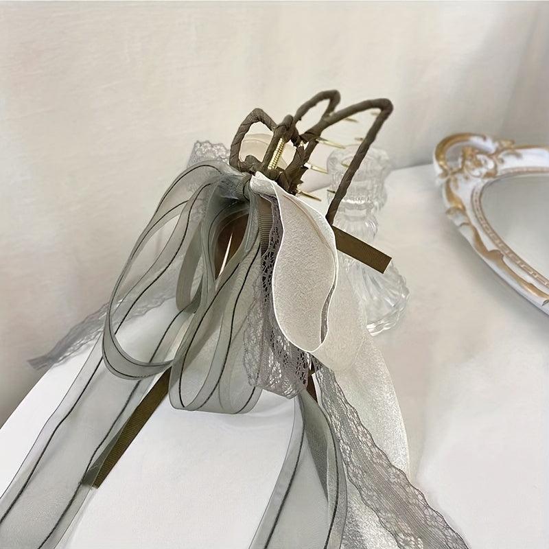 Long Ribbon Bow Hair Claw Lace Bowknot Hair Claw Nonslip Ponytail Holder