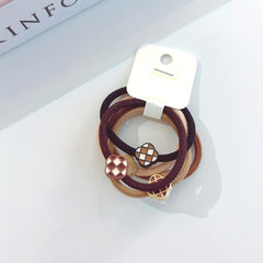 5pcs Checkered Camellia Beaded Hair Tie Elastic Ponytail Holder