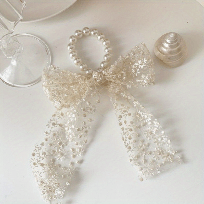Lace Bow Faux Pearl Hair Tie Ribbon Hair Loop Hair Accessories