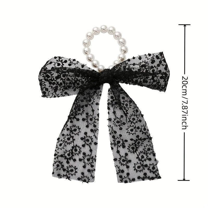 Lace Bow Faux Pearl Hair Tie Ribbon Hair Loop Hair Accessories