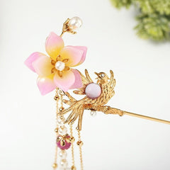 Hanfu Hairpin Faux Pearl Flower Bird Tassel Chignon Vintage Chinese Style Cheong