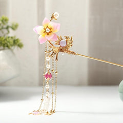 Hanfu Hairpin Faux Pearl Flower Bird Tassel Chignon Vintage Chinese Style Cheong