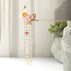 Hanfu Hairpin Faux Pearl Flower Bird Tassel Chignon Vintage Chinese Style Cheong