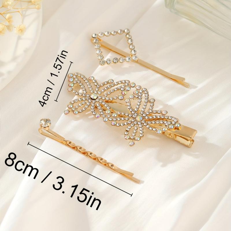 3pcs Rhinestone Hairpin Butterfly Square Glitter Hair Clip for Women Girls