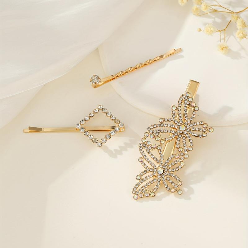 3pcs Rhinestone Hairpin Butterfly Square Glitter Hair Clip for Women Girls