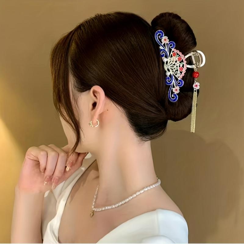 Chinese Style Tassel Hair Claw Metal Flower Hair Claw Nonslip Ponytail Holder