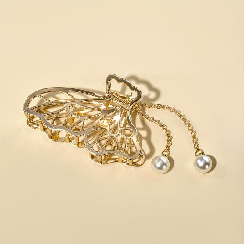 Alloy Hair Claw Faux Pearl Tassel Nonslip Ponytail Holder Shark Claw