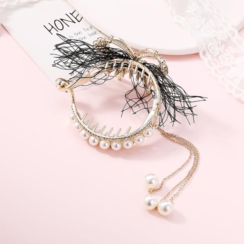 Copper Alloy Round Hair Claw Clip Tassel Faux Pearl Accessory
