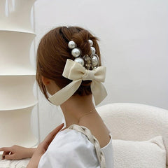 2pcs Ribbon Bow Hair Claw Faux Pearl Hair Claw Clip Nonslip Ponytail Holder