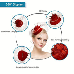 Red Mesh Feather Hat With Pearl Veil Hair Accessories