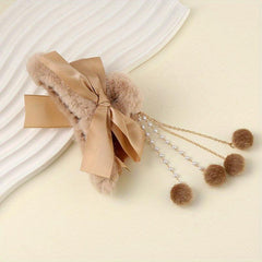 Bowknot Tassel Faux Pearl Plush Hair Claw Clip Strong Grip Hair Jaw Clip