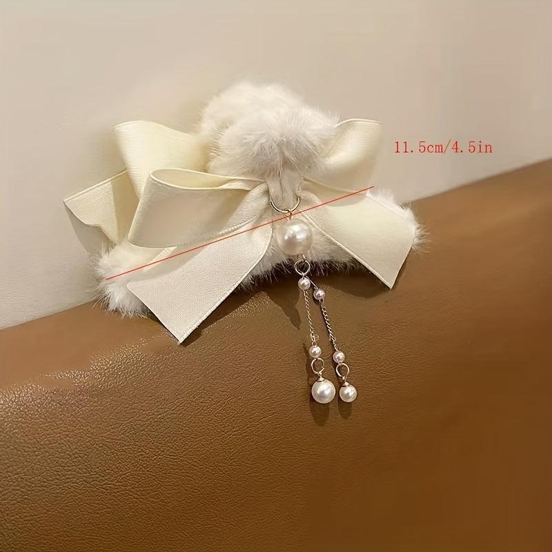 Bowknot Tassel Faux Pearl Plush Hair Claw Clip Strong Grip Hair Jaw Clip