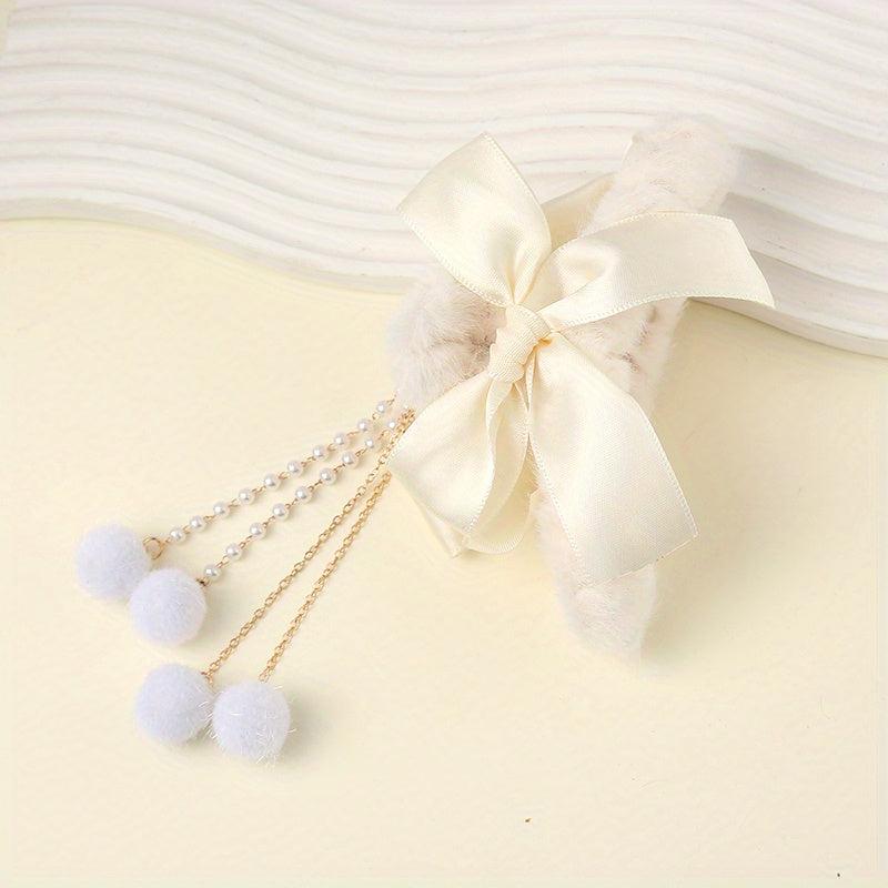 Bowknot Tassel Faux Pearl Plush Hair Claw Clip Strong Grip Hair Jaw Clip