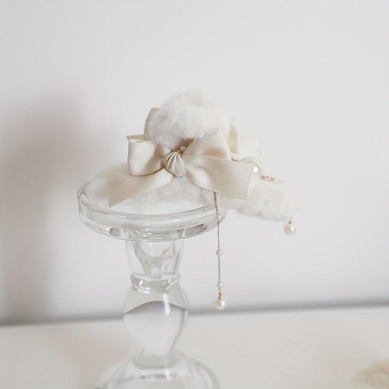 Bowknot Tassel Faux Pearl Plush Hair Claw Clip Strong Grip Hair Jaw Clip